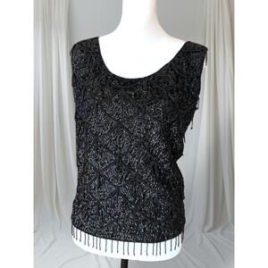 Vintage 60s Beaded Wool Evening Top Black Hong Kong Large Stretch